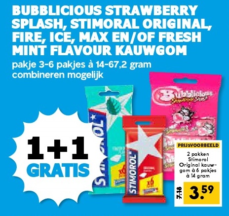 Bubblicious Strawberry Splash, Stimoral Original, Fire, Ice, Max en/of Fresh Mint Flavour Kauwgom