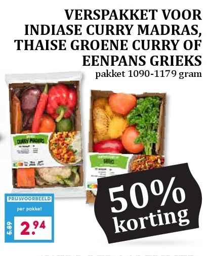 VERSPAKKET VOOR INDIAN CURRY MADRAS, THAISE GROENE CURRY OF EENPANS GRIEKS
