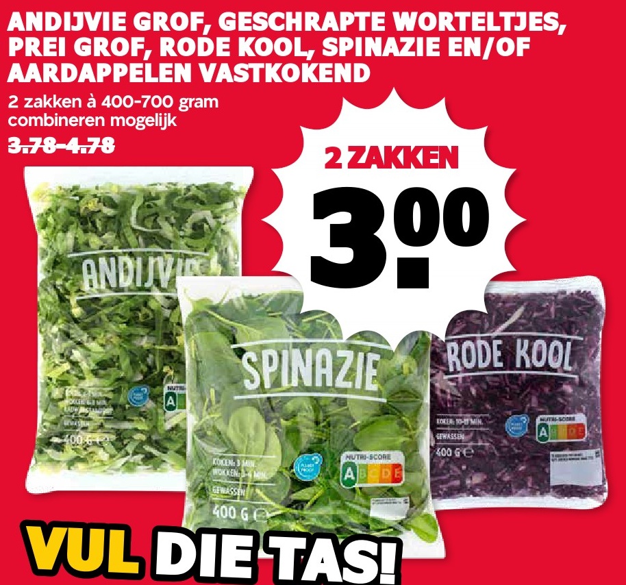 ANDIJVIE GROOT, GESCHRAAPTE WORTELTJES, PREI GROOT, RODE KOOL, SPINAZIE EN/OF AARDAPPELEN VASTKOKEND
