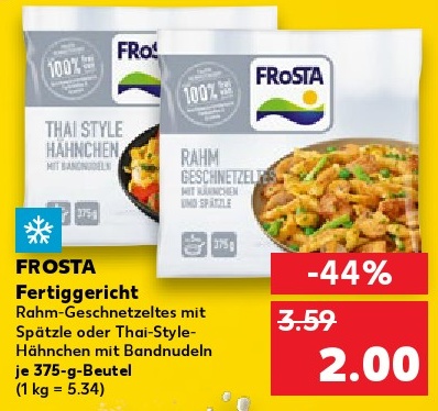 FROSTA Fertiggericht Rahm-Geschnetztes mit Spätzle oder Thai-Style-Hähnchen mit Bandnudeln