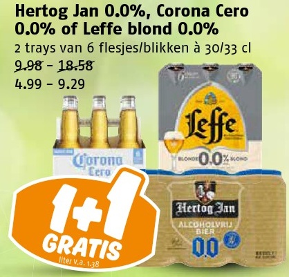 Hertog Jan 0.0%, Corona Cero 0.0% of Leffe blond 0.0%