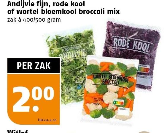 Andijvie fijn, rode kool of wortel bloemkool broccolimix