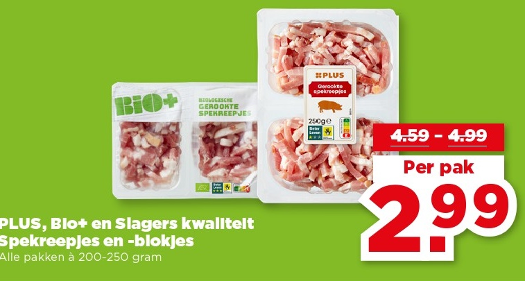 PLUS, Bio+ en Slagers kwaliteit Spekreepjes en -blokjes