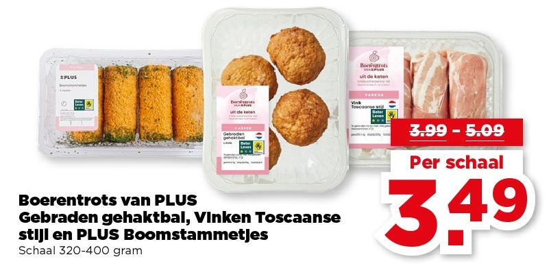 Boerenkrots van PLUS Gebraden gehaktbal, Vinken Toscaanse stijl en PLUS Boomstammetjes