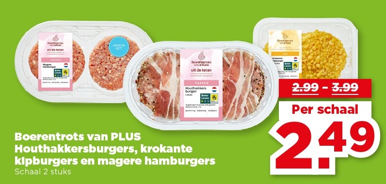Boerenrots van PLUS Houthakkersburgers, krokante kipburgers en magere hamburgers