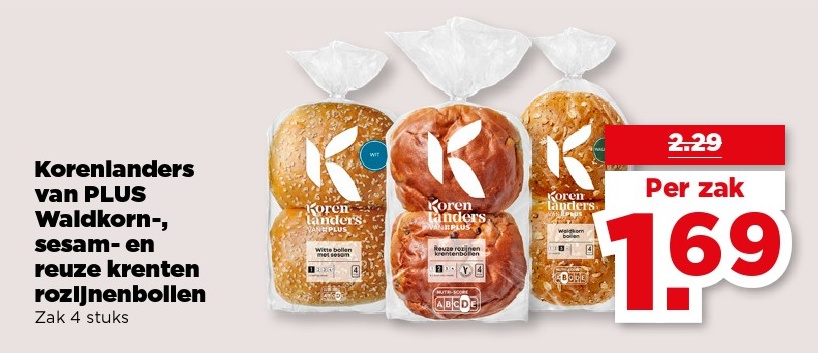 Korenlanders van PLUS Waldkorn-, sesam- en reuze krenten rozijnenbollen