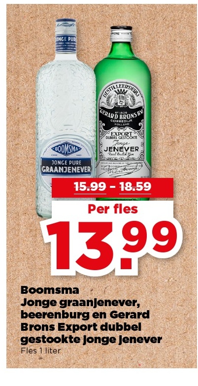 Boomsma Jongens graanjenever, beerenburg en Gerard Bron's Export dubbel gestookte jonge jenever