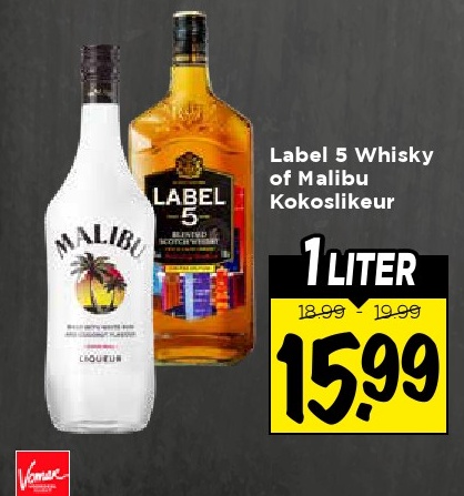 Label 5 Whisky of Malibu Kokoslikeur