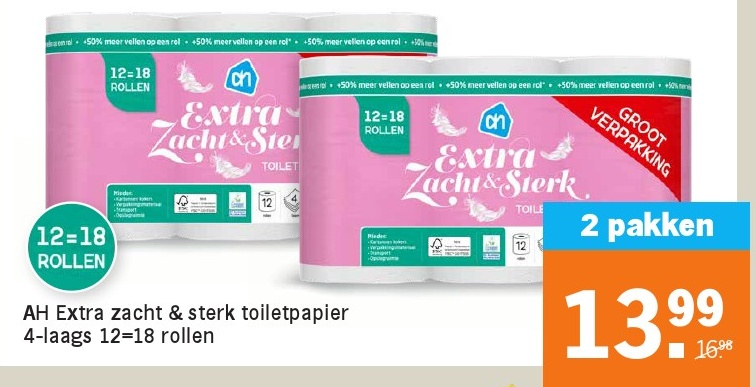 AH Extra zacht & sterk toiletpapier 4-laags 12+18 rollen