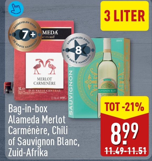 Bag-in-box Alameda Merlot Carménère, Chili of Sauvignon Blanc, Zuid-Afrika