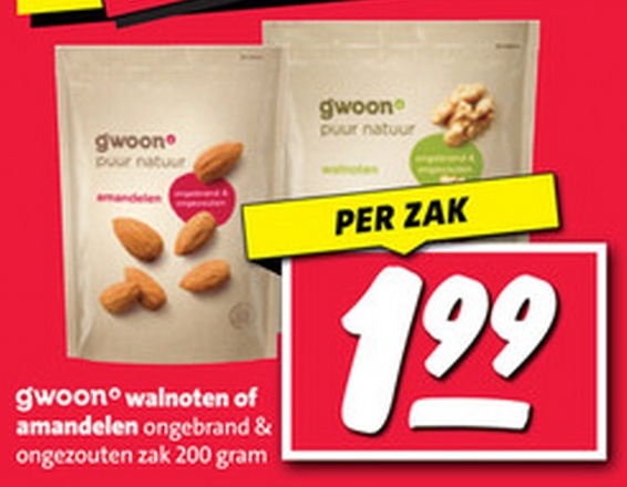 gwoon® walnoten of amandelen ongebrand & ongezouten zak 200 gram