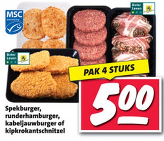 Spekburger, runderhamburger, kabeljawsburger of kipkronkelschnitzel