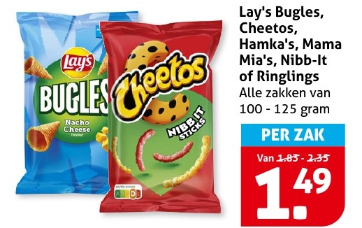 Lay's Bugles, Cheetos, Hamka's, Mama Mia's, Nibb-It of Ringlings