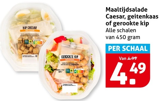 Maaltijdsalade Caesar, geitenkaas of gerookte kip