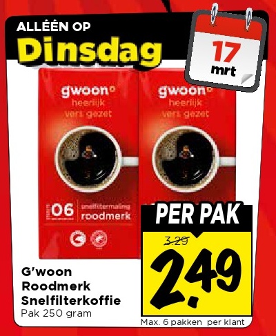 G'woon Roodemerk Snelfilterkoffie Pak 250 gram