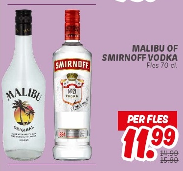 MALIBU OF SMIRNOFF VODKA Fles 70 cl.