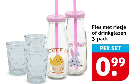 Fles met rietje of drinkinglazen 3-pack