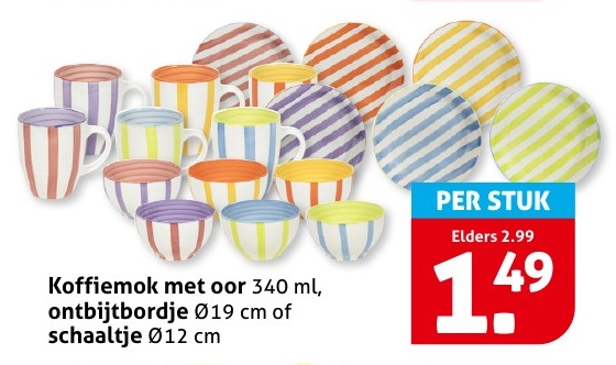 Koffiemok met oor 340 ml, ontbijtbordje Ø19 cm of schaaltje Ø12 cm